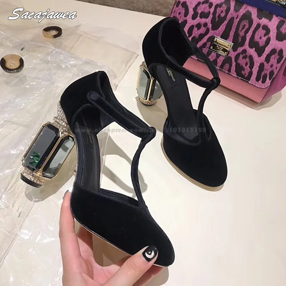 Genuine Leather Button Rhinestone Heel Shallow High Heels Pointed Toe One Word Belt Luxury Pumps Suede Size 34-43 Party Shoes