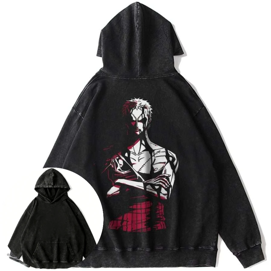 Moletom masculino de algodão vintage de anime de uma peça com personagem Roronoa Zoro cabelo branco e tapa-olho estampa traseira manga comprida