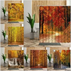 Forest Maple Tree Shower Curtain Waterfall Jungle Autumn Nature Orange Leaves Bathroom Decor Bath Curtains Home Decoration Cheap