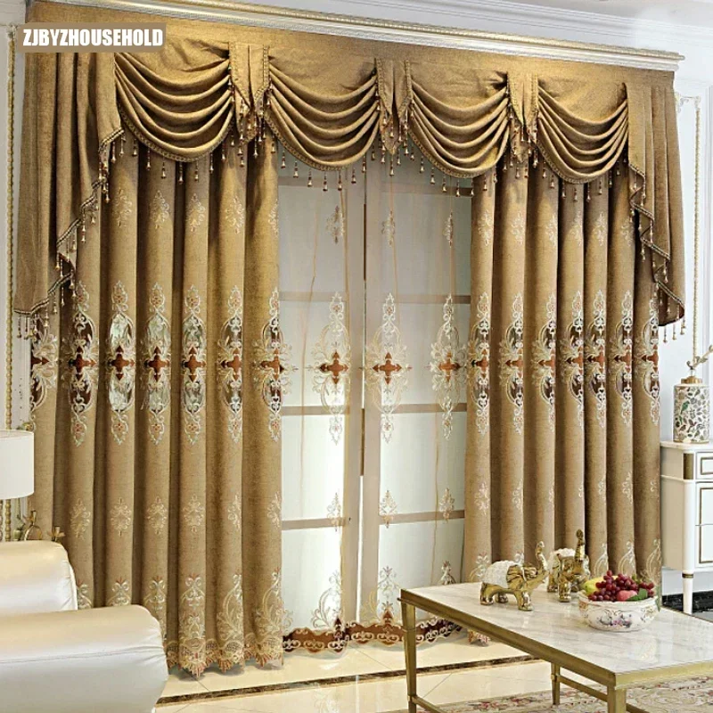 Custom Coffee European Villa Luxury Curtain for Living Room Bedroom Blackout Dining Valance Tulle Hollow-out Embroidery Size