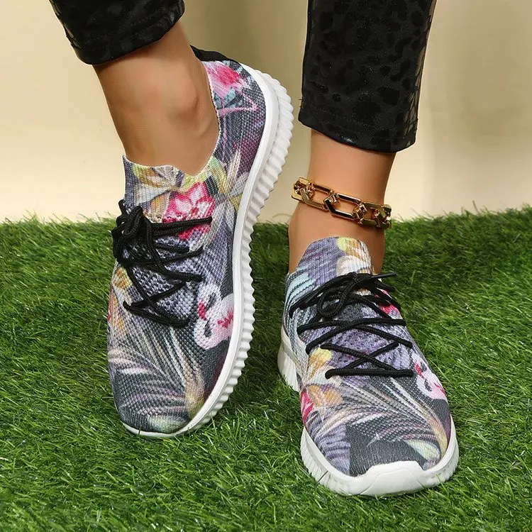 Fashion Sneakers for Women Flower Print Lace-Up Casual Shoes Outdoor Breathable Running Footwear Lady Vulcanized Shoe Plus Size