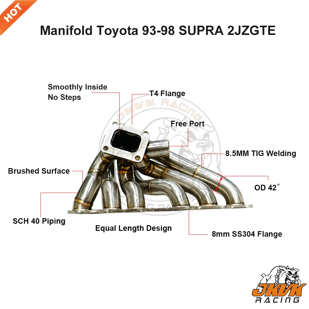 JKVK 레이싱 45mm 2JZ-GTE 2jz 동일 길이 SS304 3mm 스팀 파이프 터보 매니폴드 T4 플랜지 (수프라 2JZGTE 터보 매니폴드용)