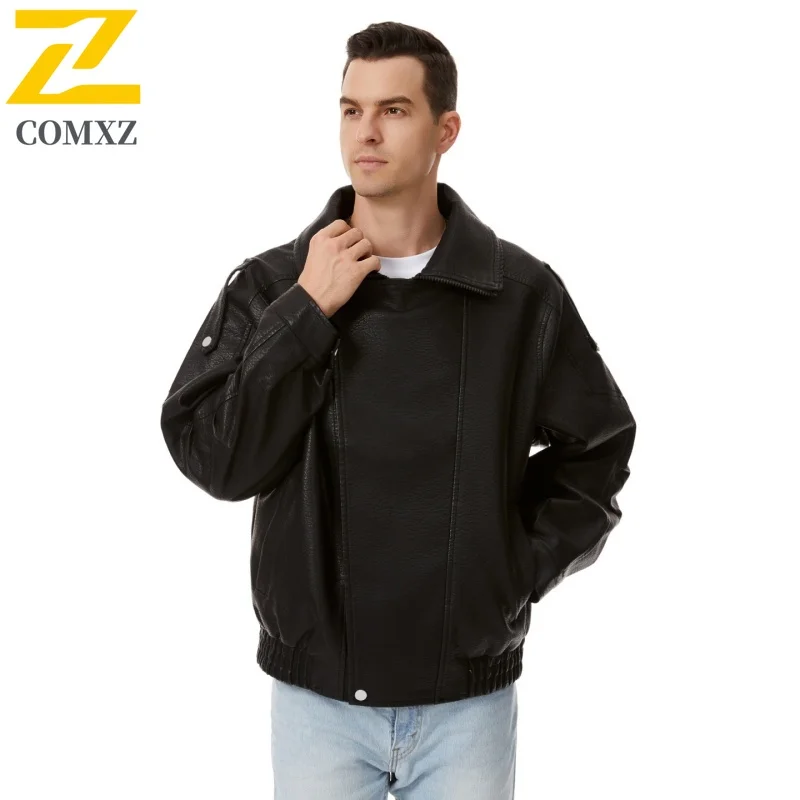 

COMXZ 2025 Autumn PU Leather Coat New Leisure Biker Windproof Leather Coats Men Fashion Lapel Workwear Multi Pocket Jackets