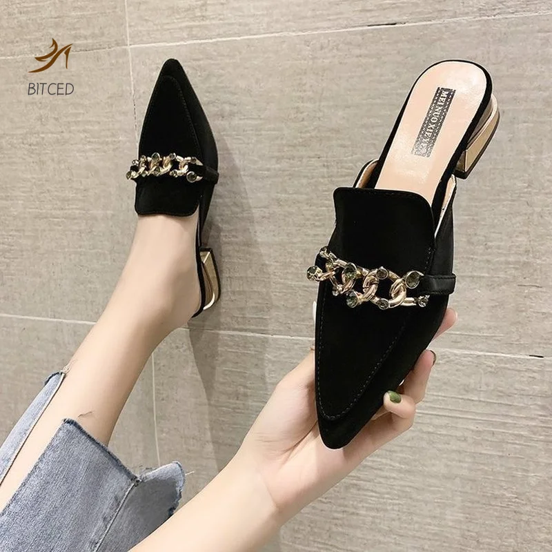 Slippers Women 2021 New Chain Mules Women Slides Square Toe Ladies Striped Shoes Summer Fashion Footwear Square Heel Women Shoes