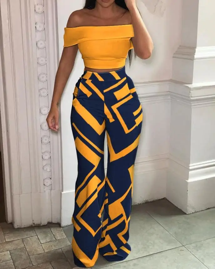 Sexy Elegant Off Shoulder Crop Top & Geo Print Pants Set Womens Two Piece Sets Outfit New Fashion 2024 Summer Casual