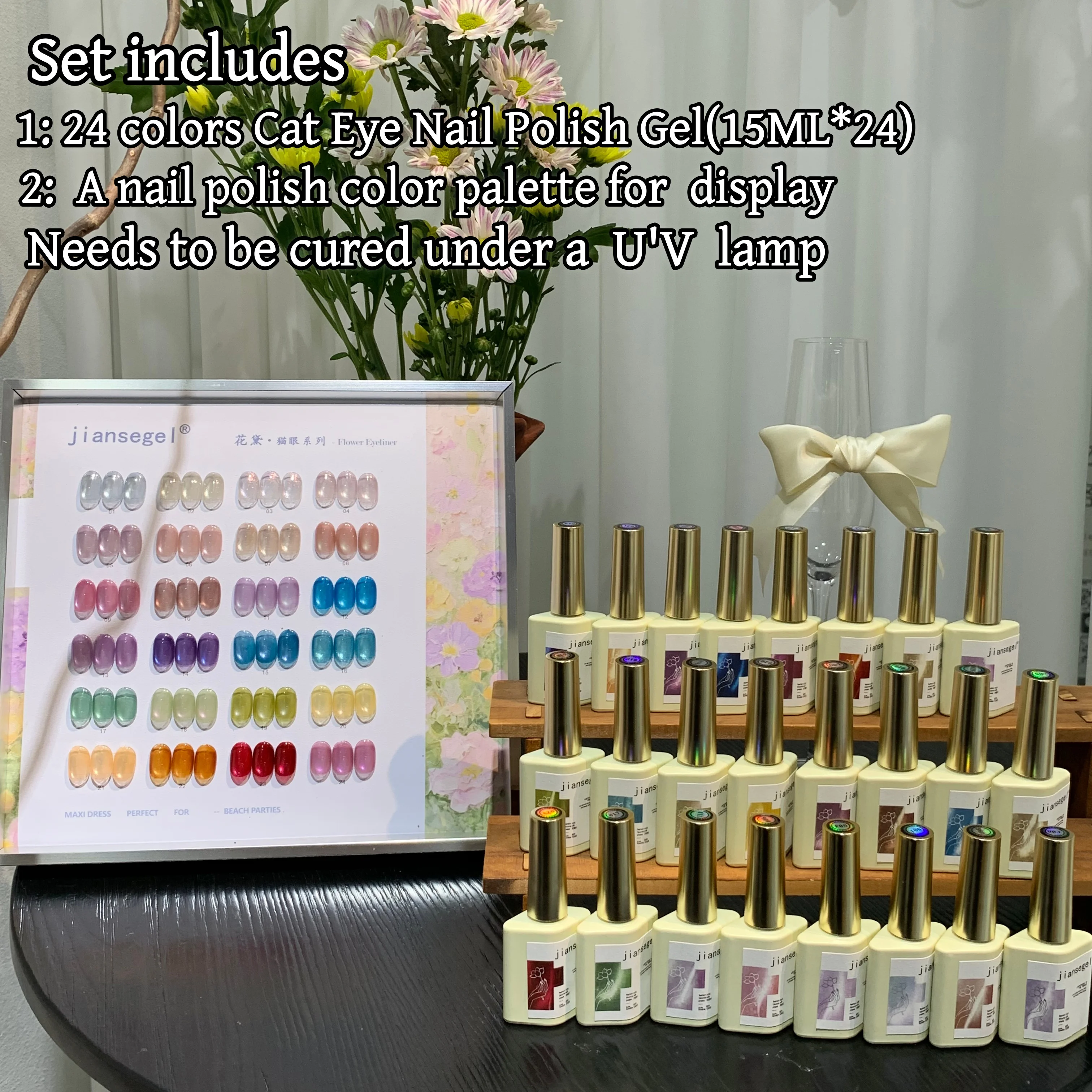 

24 Color Cat Eye Gel Nail Polish Set for Beauty Salons, Rich Colors & Smooth Texture, Includes Color Chart for Display