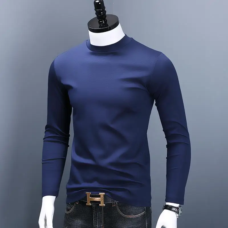 Fashion kaus pria, baju atasan lembut lengan panjang Slim Fit musim gugur dan musim dingin Turtleneck polos