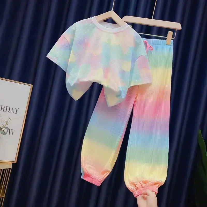 Rainbow Gradient Color Loose 2pcs T-shirts+pants Suits 3-12 Years Kids Tie-dyed Girls 2024 Summer New Fashion Ice Silk  Clothing