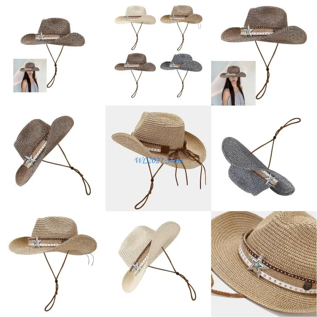 

G5GC Adult Cowboy Straw Hat for Holiday Traveling Hiking Beach Getaways Sun Hat
