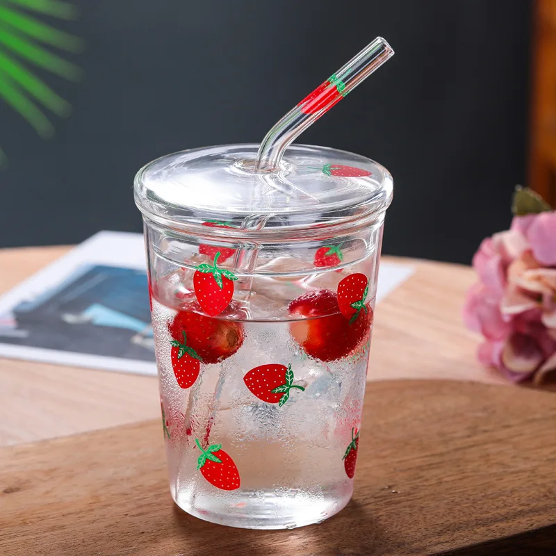 Cute Strawberry Glass  Heat Resistant Coffee Milk Water Cups With Lid and Straw Clear Cute Juice Smoothie Cold Drinks Straw Cup