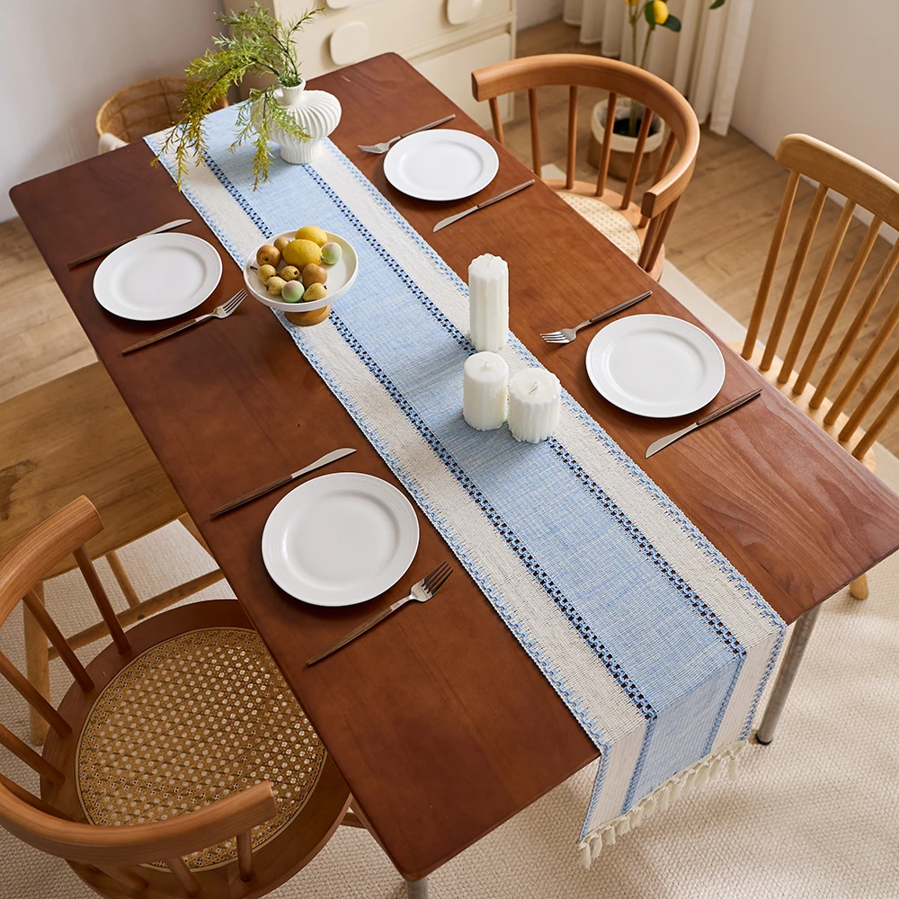 Blue & White Striped Table Runner with Tassels (Included in Size) - Bohemian Woven Table Decor for Dining Room, Kitchen