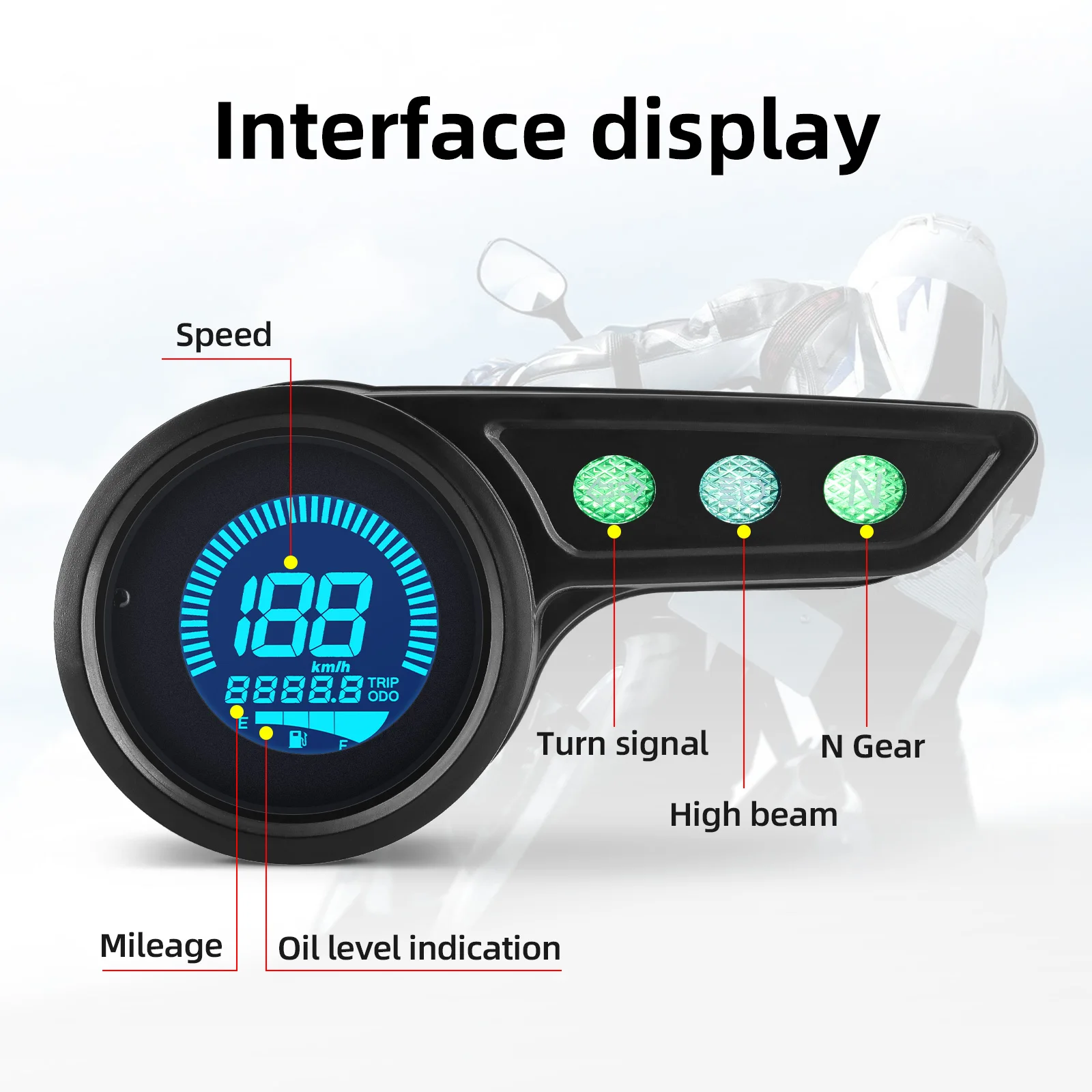 

Digital Speedometer Mieage 7 Color Motorcycle Dashboard TRIP ODO Fuel Level Meter Motor Instrument with Gear Turn Signal 12V