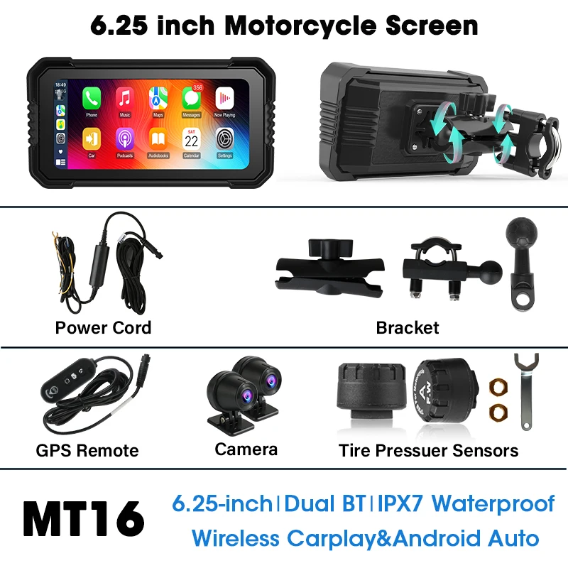 6.25 "Motorfiets GPS Navigatie DVR Carplay Scherm Dual Camera Drive Recorder IPX7 Waterdichte Moto Monitor Ondersteuning TPMS