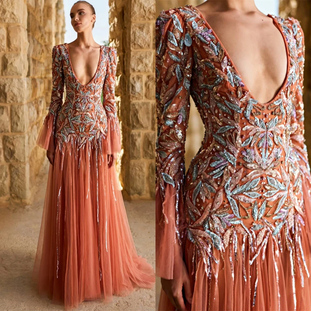 تخصيص لينة الأورجانزا الخامس الرقبة مساء اللباس رائعة مطرزة فساتين السهرة مزاجه طويلة الأكمام فساتين المناسبات الخاصة