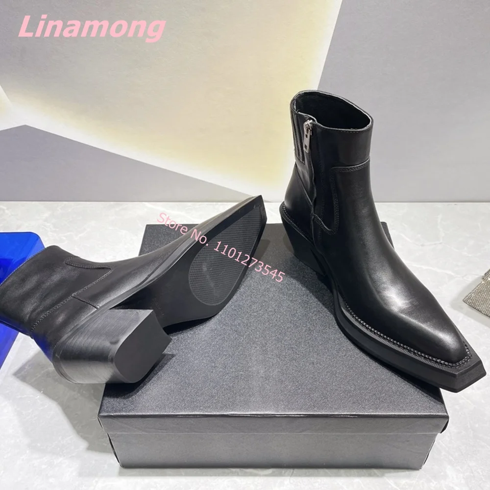 2024 Winter New Women Solid Ankle Boots Leather Free Shipping Luxury Pointed Toe Gladiator Square Low Heel Cool Office Shoes