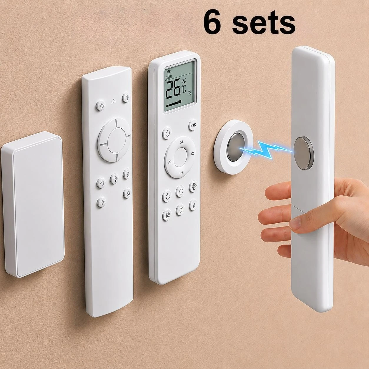 6 Sets of Magnetic Remote Control Holders, Non-Drilled Adhesive Wall Mounts, Suitable for Thermostats and Switches