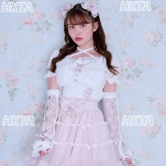 Japanese Jirai Kei Style Sweet Bow Sleeve High Waist Lace Shirt Tops Cute Liz Blouse Lace Bottom Shirt Mesh Skirt Set Summer New