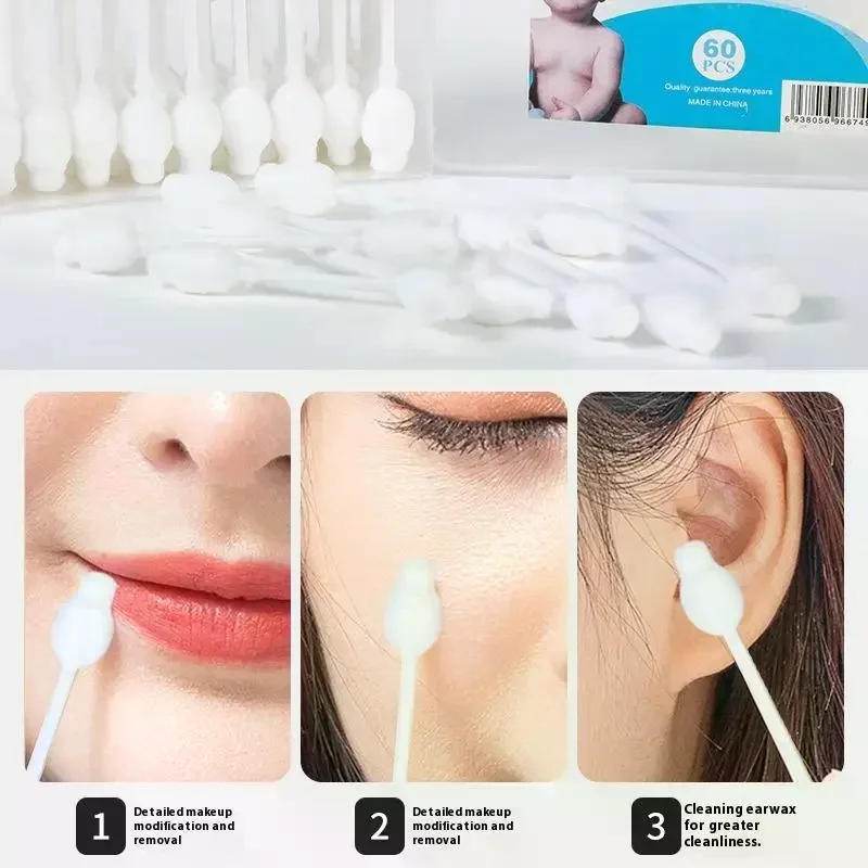메이크업 청소용 이중 면봉 60개, 유기농 뾰족한 면봉, 애완동물 및 화장품용 종이 면봉
