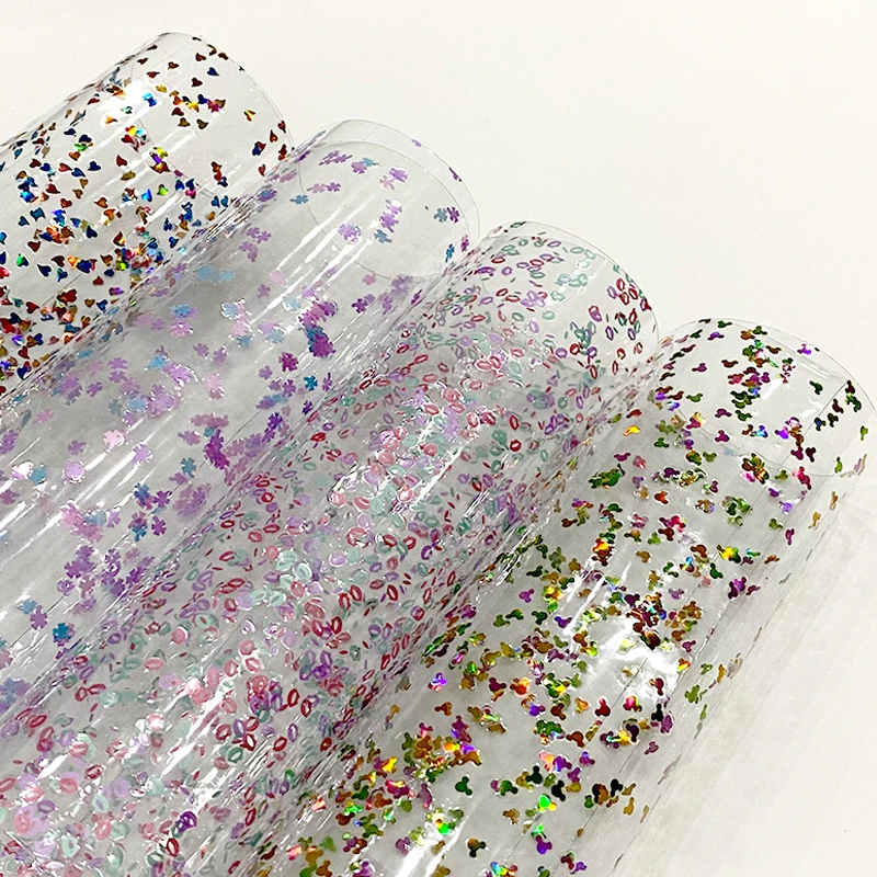 Customized wholesale soft pvc sequin film for bags, shoe materials and pencil cases, waterproof PVC transparent film 30*135CM