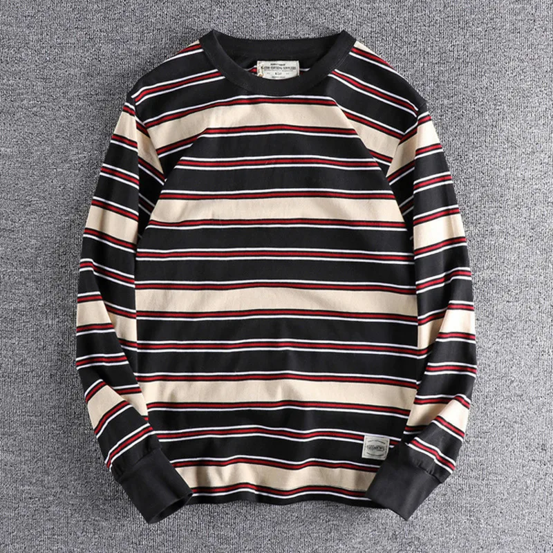 

Men's Heavyweight Splicing Pure Cotton Stripe Long Sleeve T-shirt Streetwear Amekaji Casual Male Round Neck Tops Tee