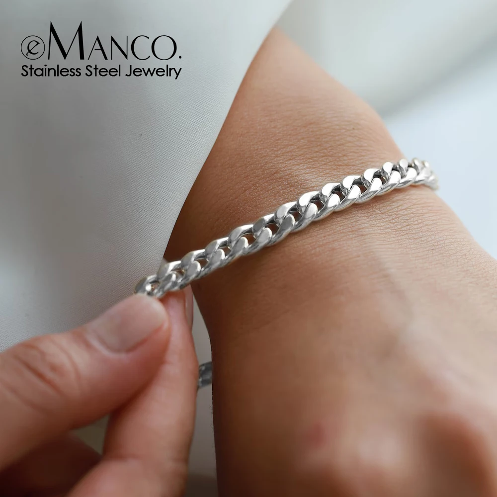 eManco Silver Color Bracelets Men Bracelet Classic Stainless Steel 4MM/6MM/8MM Trendy Punk Charms Cuban Chain Bracelets