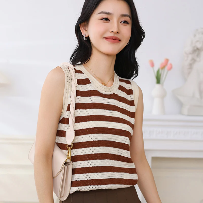 

THYFGT Летние женские майки из 100% хлопка в полоску, топы с круглым вырезом, базовая повседневная одежда, укороченные топы-майки, женские пуловеры