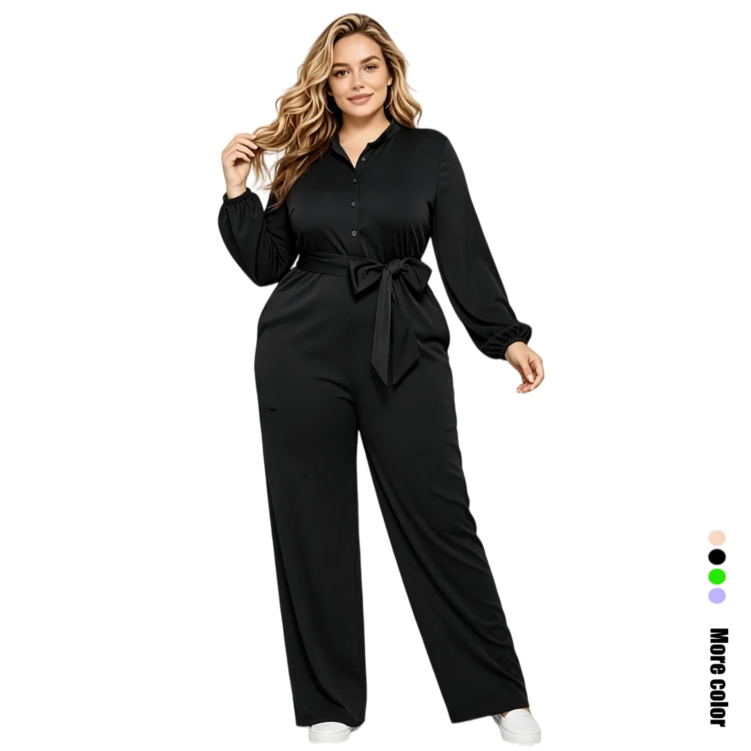 OverSize Womens Elastic One-Piece Workwear for Doctors & Nurses - Solid Color Medical Jumpsuit with Waist Tie and Pockets