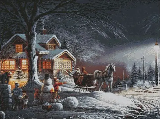 Winter Village Scene Snow Day Rural Needlework 14CT Canvas Unprinted Handmade Embroidery Cross Stitch Kits Set DIY Home Decor