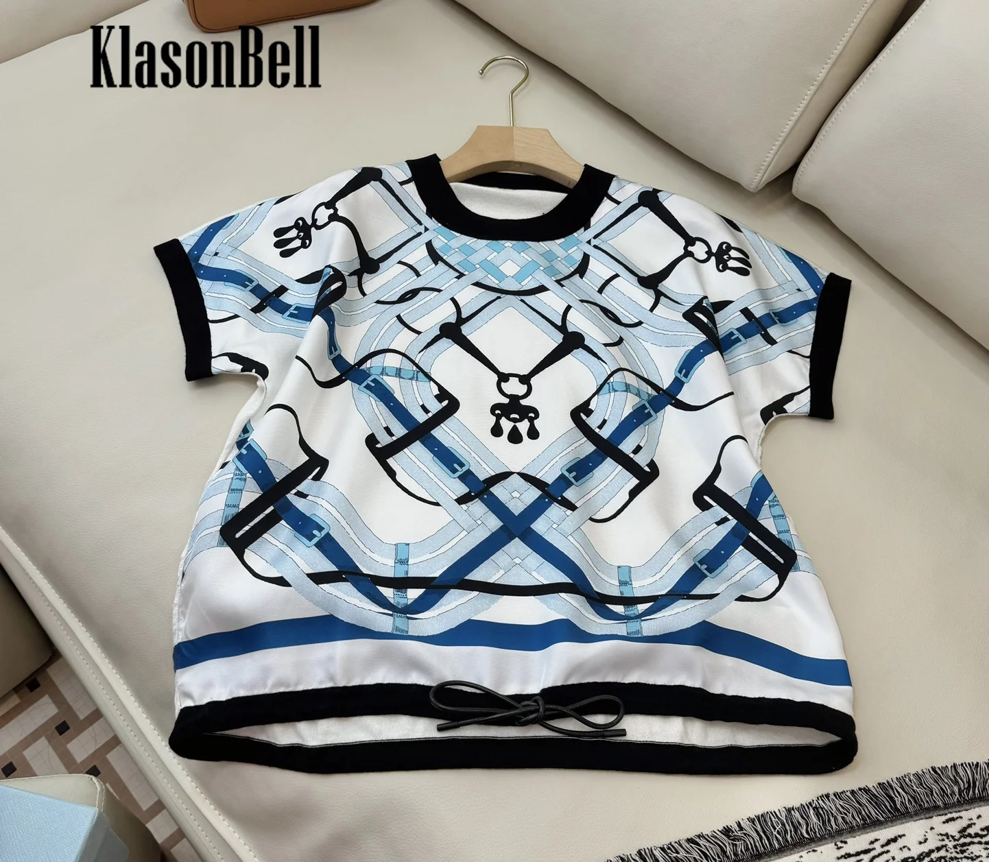 9.4 KlasonBell Women Drawstring Bandage Hem Design Classic Fashion Lock Chain Print Silk Spliced Short Sleeve Loose T-Shirt