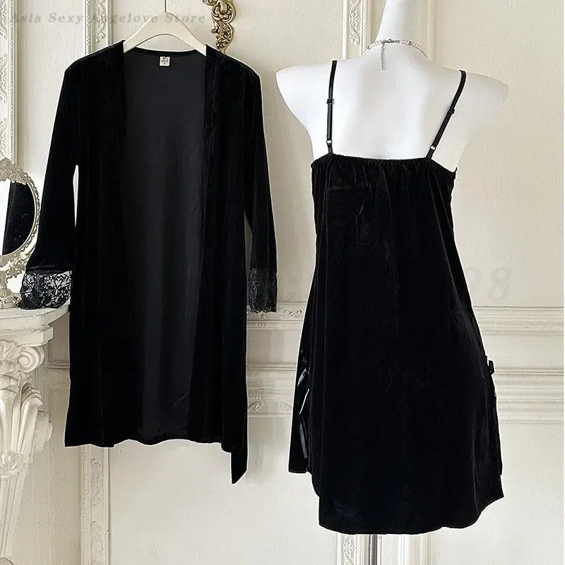 Weibliche Spitze Twinset Robe Set Schwarz Samt Hosenträger Nachthemd Dessous Herbst Bademantel Kimono Kleid Nachtwäsche Lose Hause Kleid