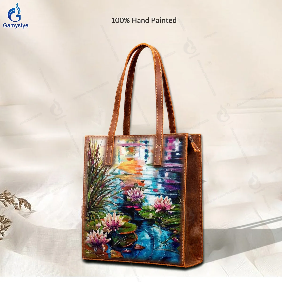 Art Hand-Painting Lotus in the pond Customize Totes Ladies Designer Brand Handbags High Quality Messenger Shoulder Bag Fashion