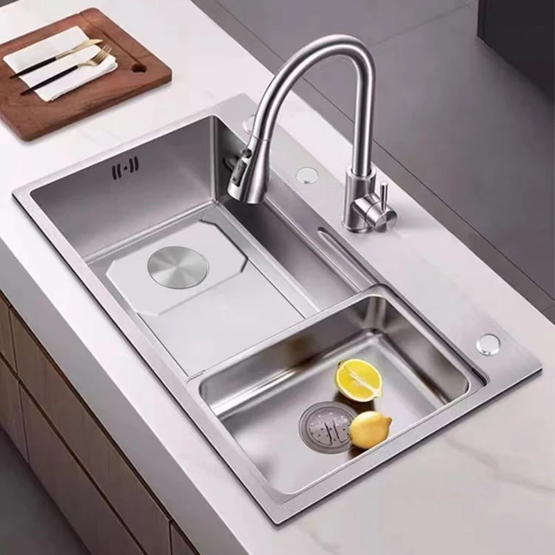 Deep Single Bowl 304 Stainless Steel Kitchen Sink with Pull-Out Sprayer Modern Right Drain Washing Basin Multifunction Bar Sinks