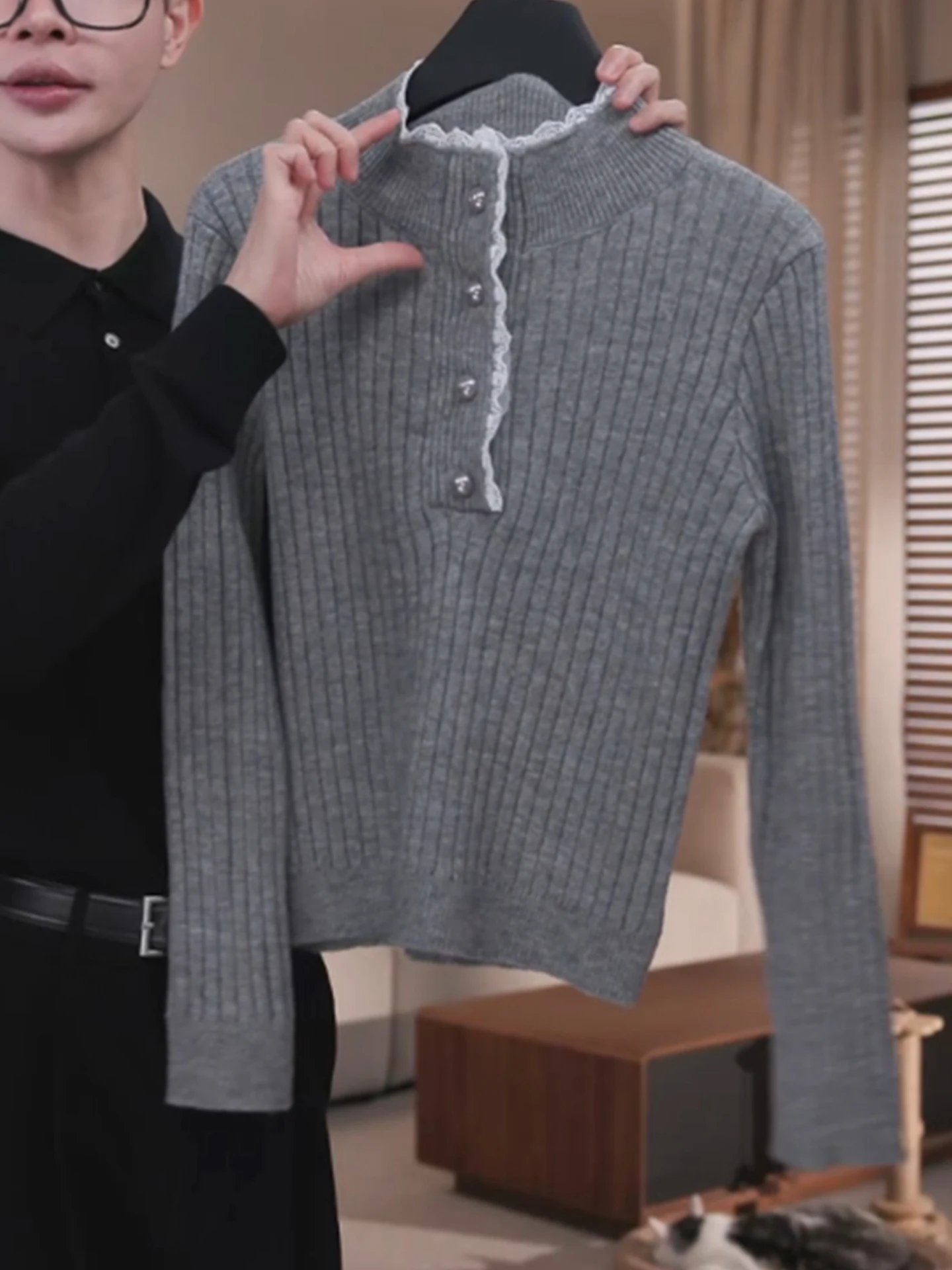 Maglione lavorato a maglia coreano Sle Long Sve con finiture in pizzo e colletto aperto, top dimagrante per il pendolarismo invernale Faion