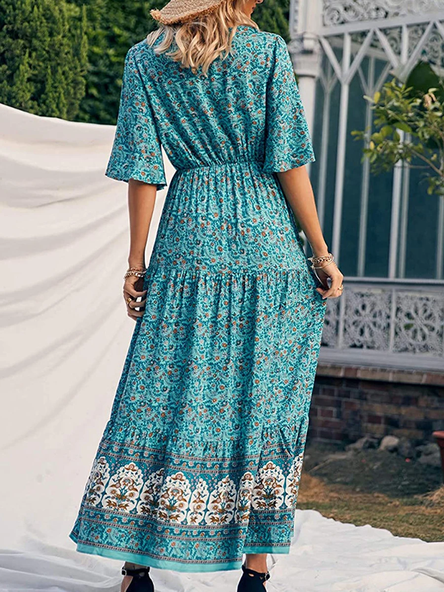 Elegant Casual Long Dress Boho Print Design Short Sleeve V Neck Summer Dress For Women 2024 Fashion
