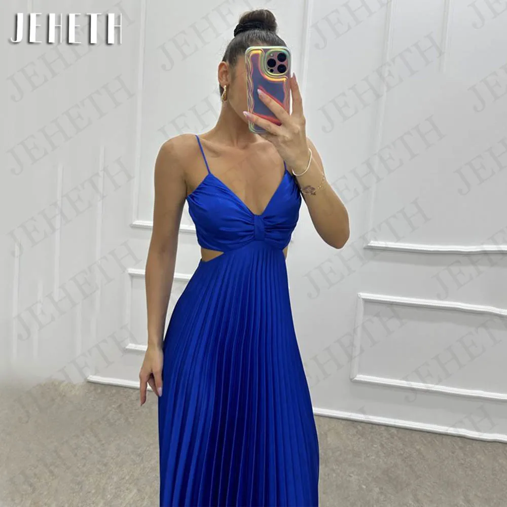 JEHETH Elegant Satin A Line Evening Dresses Arabic vestidos de gala Spaghetti Straps Backless Pleats V Neck Formal Party Gown