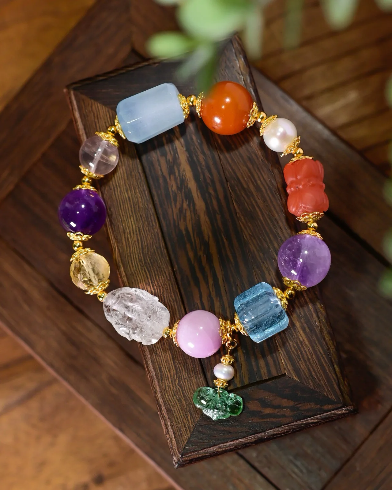 

Multi-Gemstone Bracelet, Natural Rock Crystal Amber Agate Aquamarine Square Beads, Chinese Lucky Wealth Charm Jewelry