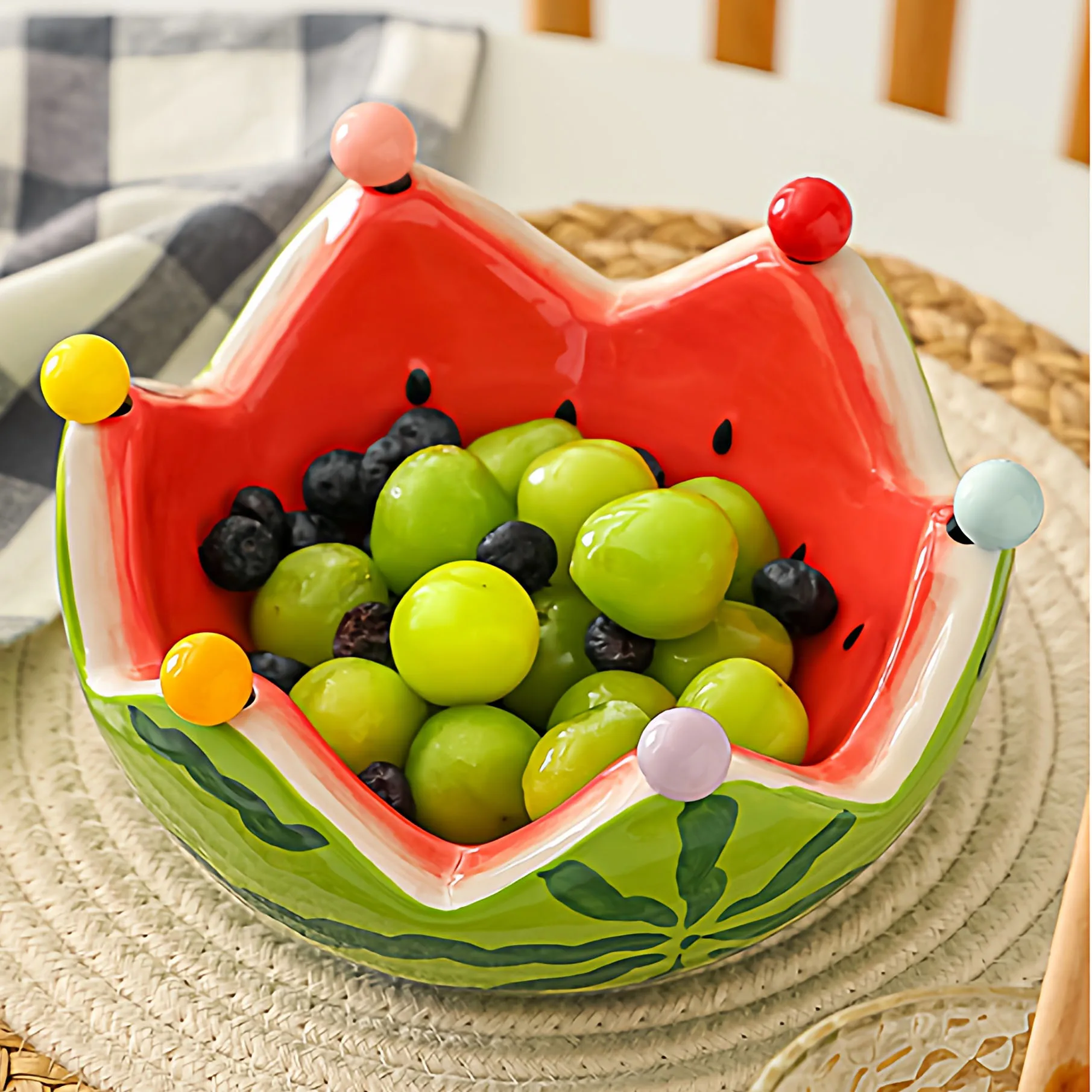 Watermelon Style Large Capacity Fruit Platter High Temperature Fired Ceramics Stainless Steel Fruit Fork Dining Table Decoration