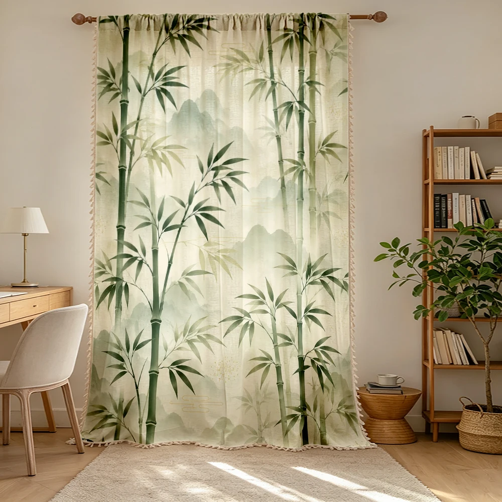 1PC Plant Tassel Sheer Curtains, Green Bamboo, Digital Print, Linen Polyester, Bedroom Living Room, Rod Pocket Polyester