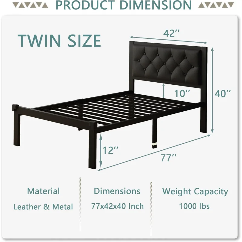 Armação da cama do metal com o botão do couro do falso, tamanho gêmeo, cabeceira adornada, plataforma resistente, 12 no armazenamento, slats de aço