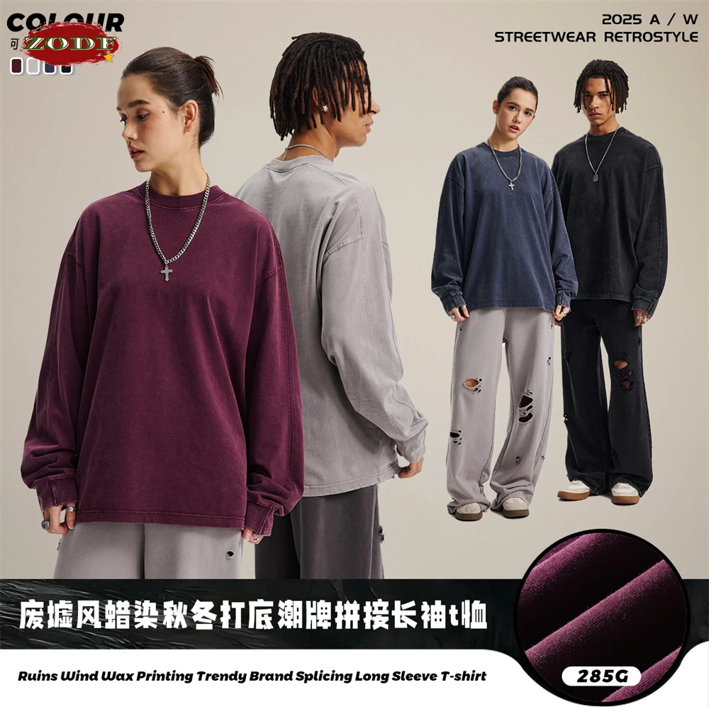 ZODF ريترو 285gsm الباتيك غسلها القطن رجل تي شيرت للجنسين الصلبة فضفاض المتعثرة المرقعة كم كامل تي شيرت بلايز HY1161