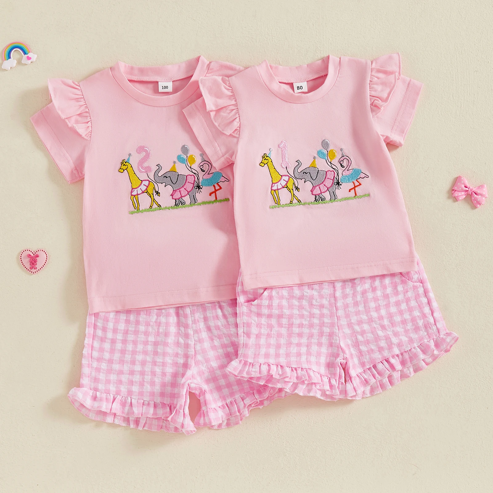 

BeQeuewll, летний милый комплект одежды на день рождения для маленьких девочек, модная новая футболка с короткими рукавами и вышивкой в виде животных, клетчатые шорты, костюмы