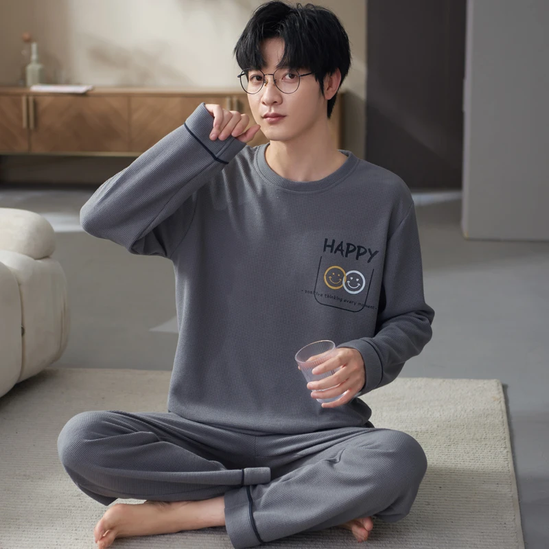 Men Pajama Sets Cotton Pijama O Collar Sleepwear Long Sleeve Spring Autumn Nightwear Male 2 Pieces Sets Home Wear