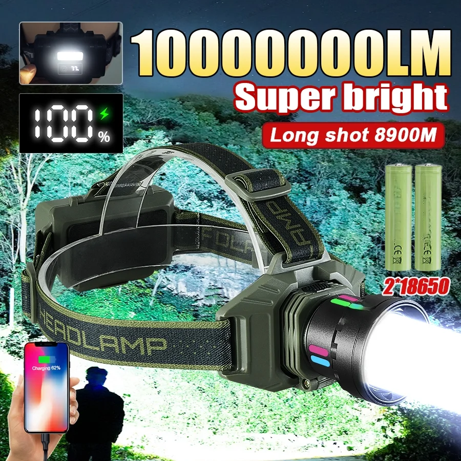 

10000000LM Ultra Powerful LED Headlamp Super Bright 18650 Rechargeable Led Head Flashlight Long Range 8900M Hunting Head Lantern