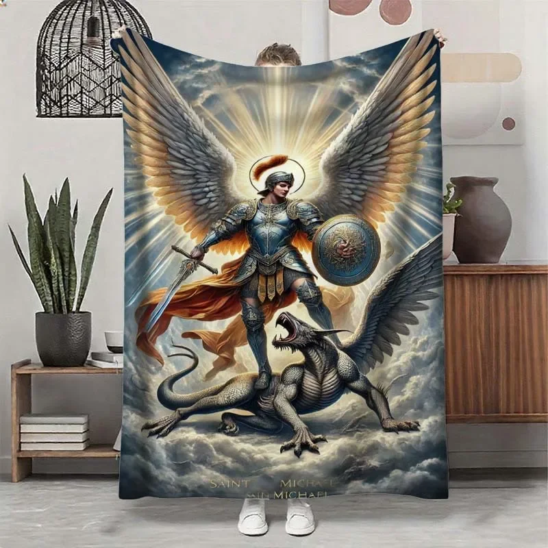 St. Michael Archangel & Dragon Flannel Blanket – Soft Christmas Gift for Sofa, Office, Bedroom, Camping & Travel