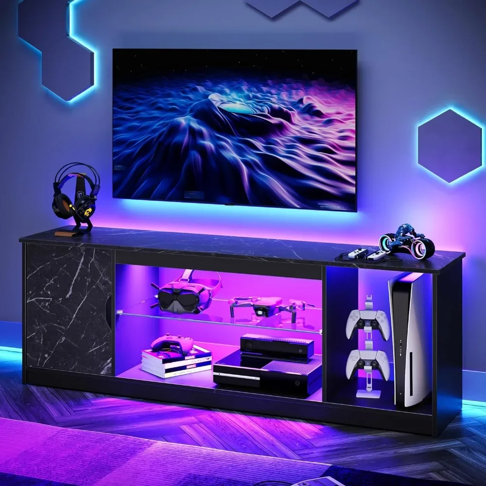 LED TV Stand for 55/60/65 Inch TV, Gaming Entertainment Center with Cabinet for PS5, Modern TV Cabinet with Adjustable Glass