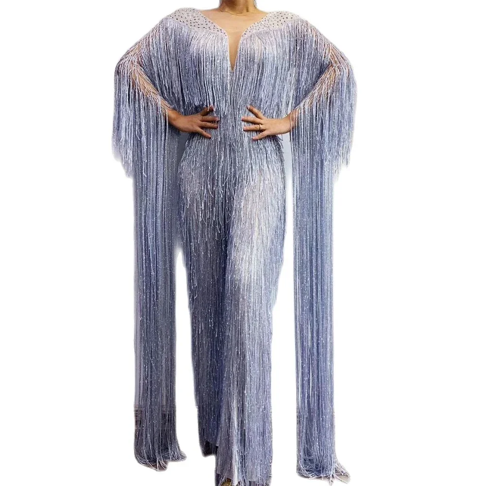 Shining Silver Fringes  Floor-Length Sleeve Women Jumpsuit Mesh Perspective Playsuit Singer Stage Wear Evening Prom Costumes