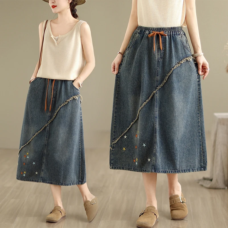 Retro Embroidered Frayed Hem Denim Half Skirt Women's Summer Elastic Waist Drawstring Loose Hip Cover Midi A-Line Skirt Trendy