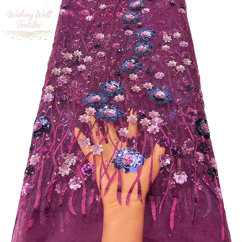 French blue lace mesh fabric, African handicraft flower sequin embroidery fabric, high-quality, dress sewing fabric