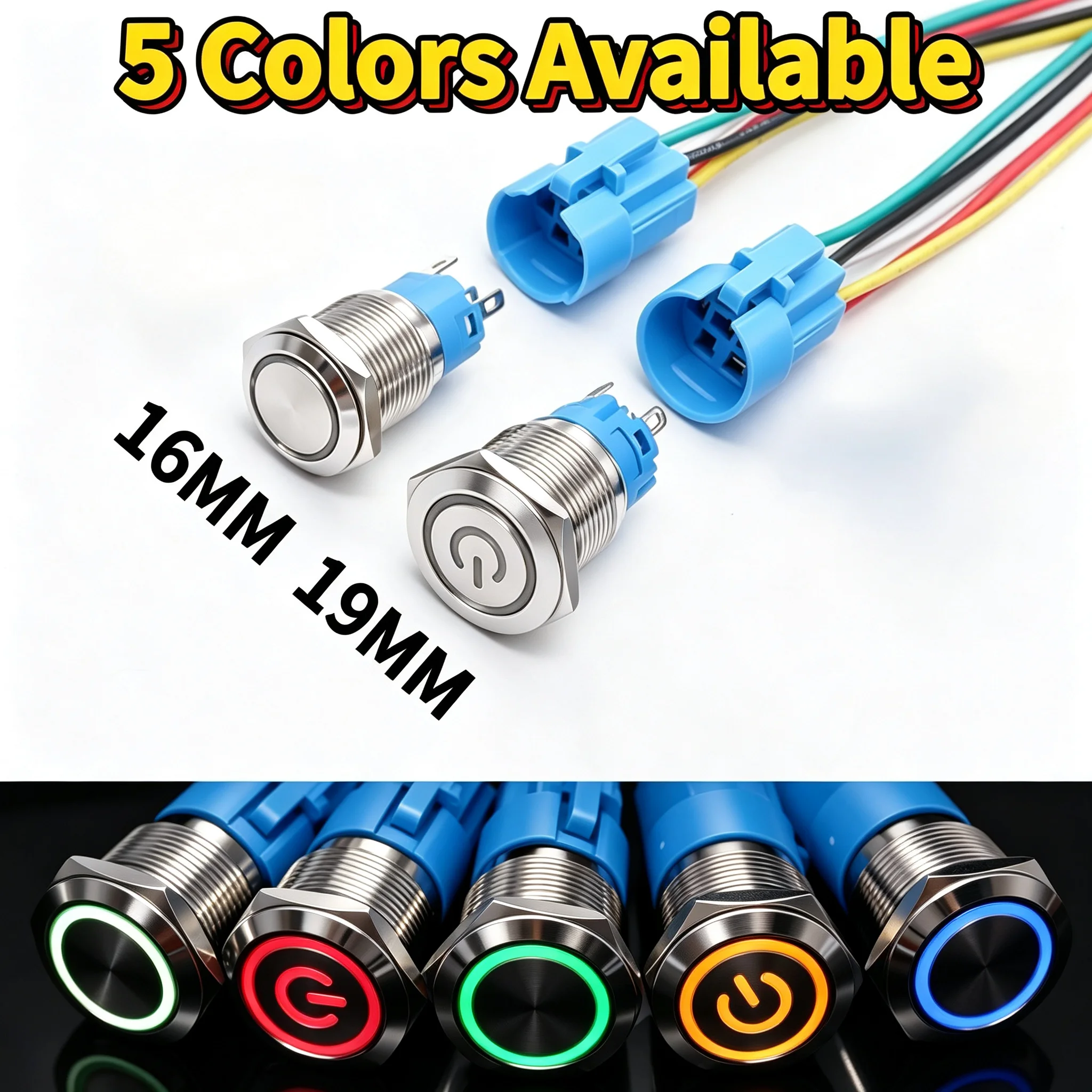 40Pcs 16mm 19mm Metal Button Switch Waterproof IP66 Flat Circular Round LED Red Blue Momentary Latching 3V 5V 12V 24V 110V 220V