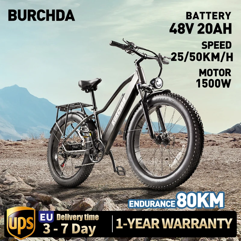 BURCHDA RX20 1500W50KM/H 26 Inch Mountain Electric Bicycle 48V20AH Lithium Battery Fatbike Electric Bike For Adults Motorcycle